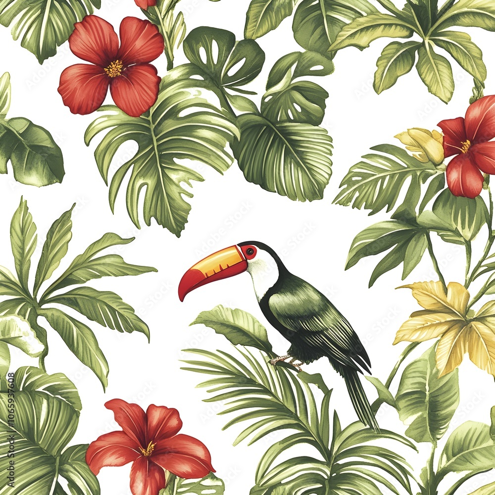 Naklejka premium Tropical Toucan with Flowers and Leaves