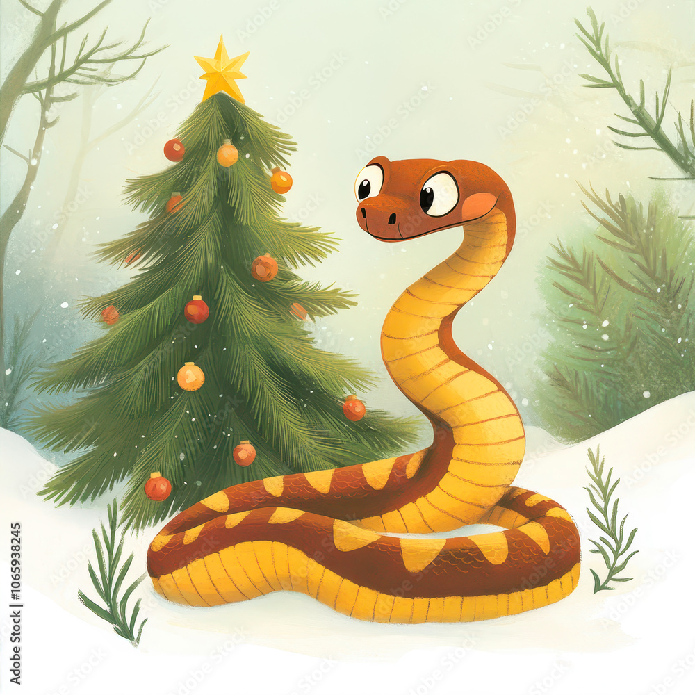 Fototapeta premium A Cute Watercolor Snake Curiously Explores a Decorated Christmas Tree in a Winter Setting