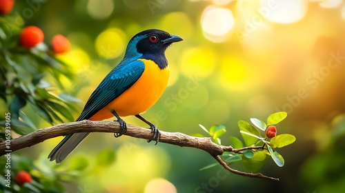 Eye catching bird perching on branch with stunning color patterns picture photo