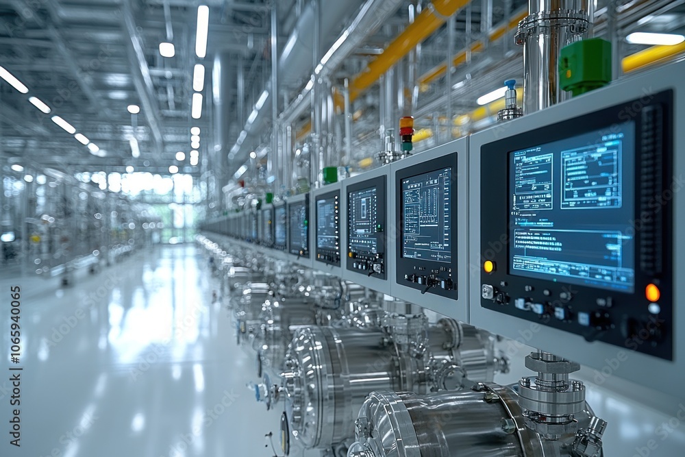 Obraz premium Industrial Control Panel and Stainless Steel Equipment in a Modern Factory