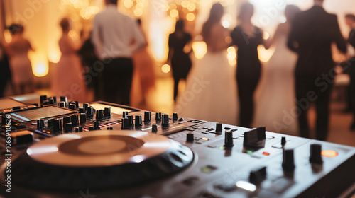 Professional dj station is playing music while guests are having fun on dance floor at wedding reception party