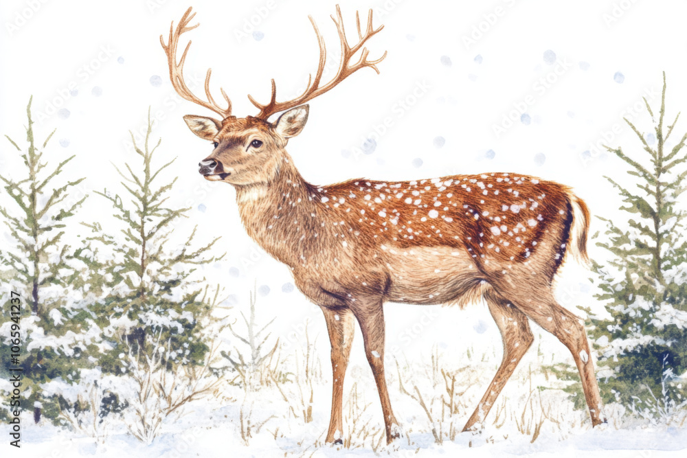 Obraz premium Beautiful deer in a winter forest. Watercolor illustration. White background.