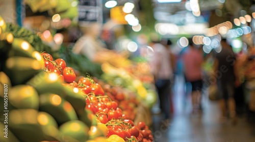 Blurry sight of bustling shoppers browsing through rows of locallygrown produce. photo