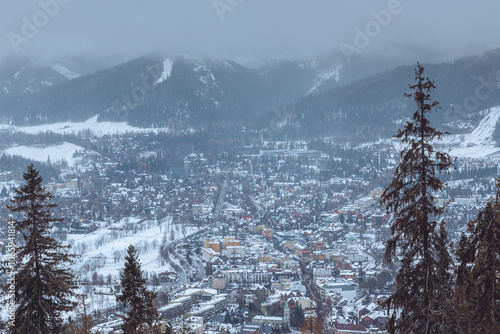 Panoramic view of zakopane town covered in snow with ski slopes in the background during a cloudy winter day, fir trees in the foreground, tatra mountains, poland