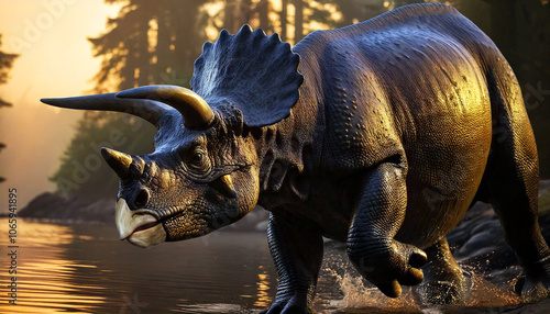 A Triceratops Bull Stepping into a River
