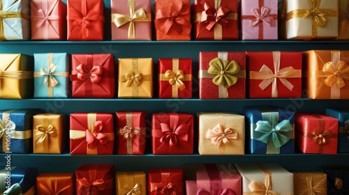 A colorful array of beautifully wrapped gifts on a festive shelf, perfect for holiday celebrations decorations.
