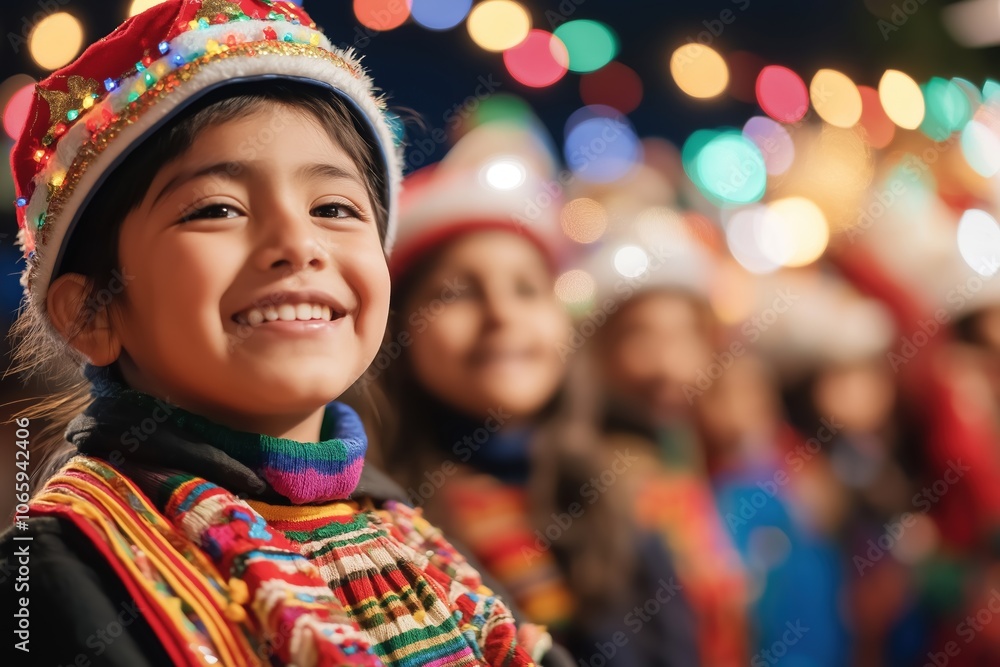 Fototapeta premium Latin american girl smiling at christmas festivities with colorful lights