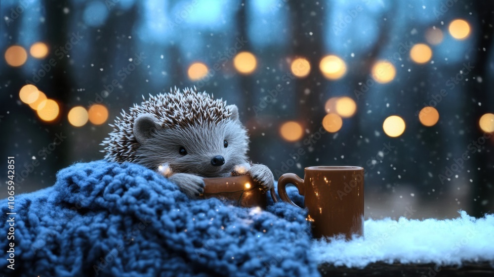 Obraz premium Cozy hedgehog wrapped in a blue blanket enjoys a warm drink on a snowy evening, AI