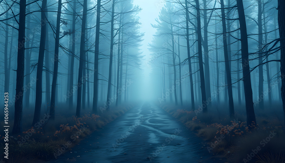 Obraz premium Mysterious, blue-toned forest pathway. Footpath in the dark, foggy, autumnal, cold forest among high trees isolated with white highlights, png