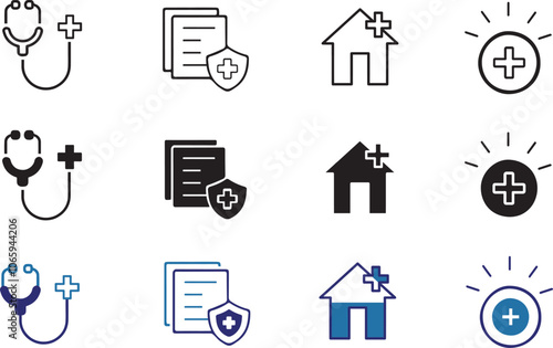 Hospital medical health treatment icon set. Vector illustration of icons : medical, life, care, patient, diagnosis, analysis. Patient treatment symbol illustration for web and app
