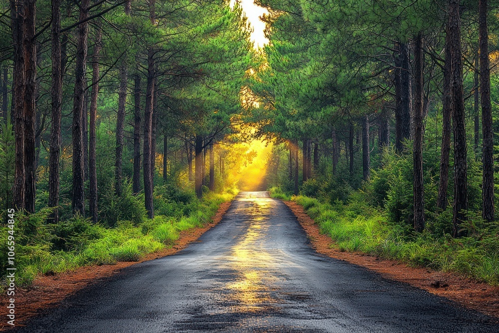 Fototapeta premium A Paved Road Through A Dense Pine Forest With Golden Light Filtering Through The Trees