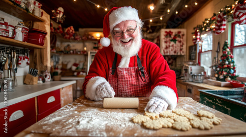 Le sympathique Père Noël prépare des biscuits de Noël dans une cuisine confortable sur le thème de Noël, entouré de décorations de Noël et de couleurs festives, étalant joyeusement la pâte à biscuits. photo