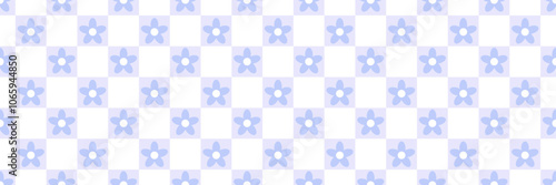 Cute checkered floral vector banner, seamless repeating pattern, horizontal background design with flowers blue and white wallpaper