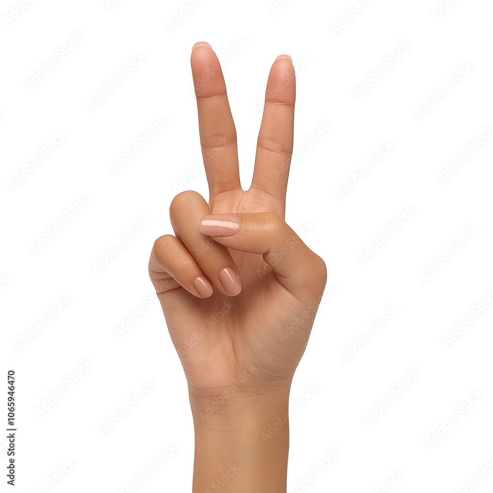 Caucasian female hand with peace sign gesture, isolated on white transparent png background Caucasian female hand with peace sign gesture, isolated on white transparent png background