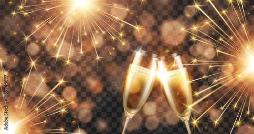 Fireworks, bokeh lights effect and champagne or white wine glasses isolated on transparent background. Vector golden New Year salute sparkle banner with golden fizzy drink wineglasses