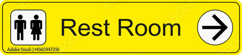 Yellow and black vector graphic of airport information terminal sign showing the direction of the ladies and gents rest rooms