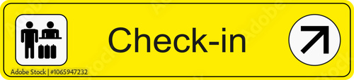 Yellow and black vector graphic of airport information terminal sign showing the direction of the check in desk