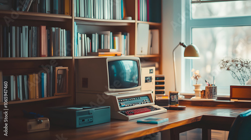 An Eclectic Vintage Workspace Invoking Nostalgia with Retro Computers and Colorful Floppy Disks