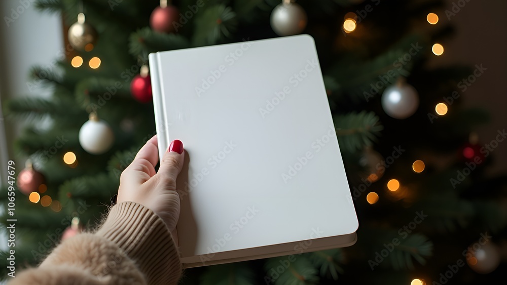 Hands holding a book with blank white cover
against a Christmas tree. Hands holding a book with blank white cover
against a Christmas tree.