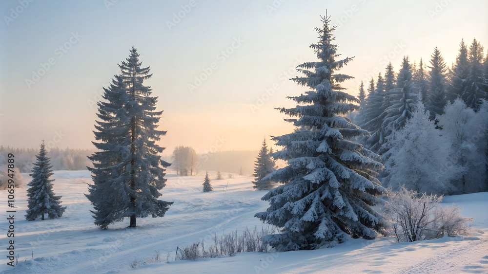 Obraz premium Winter landscape with snowy pine trees
