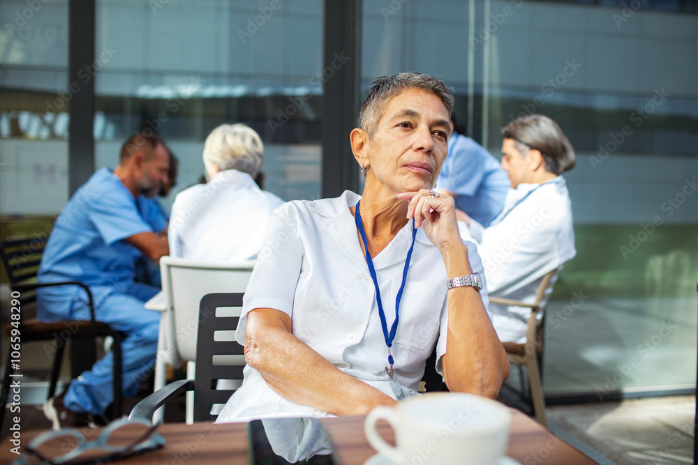 Female doctor enjoying coffee break outdoors with colleague Female doctor enjoying coffee break outdoors with colleague