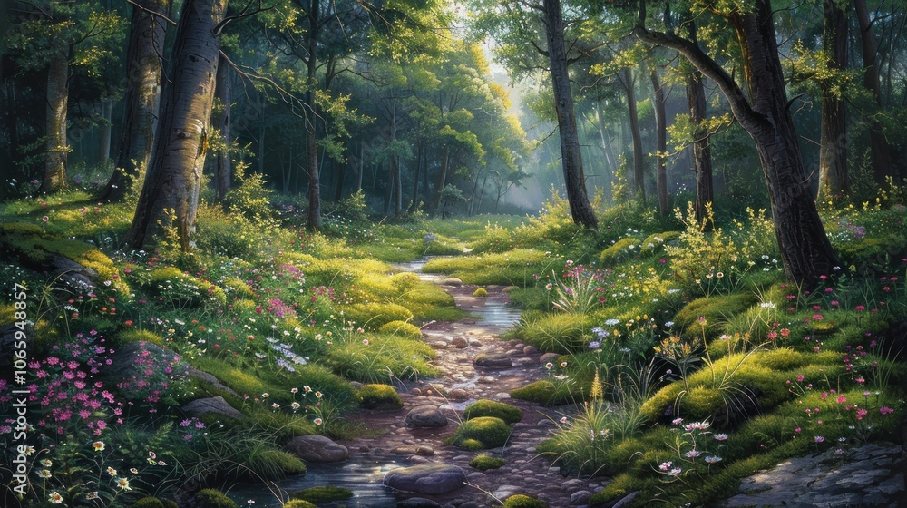 Obraz premium Forest Stream Through Lush Greenery