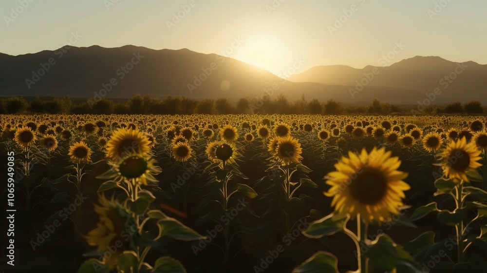 Fototapeta premium Sunflower Field at Sunrise with Mountain Backdrop