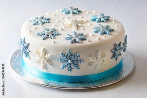 Elegant white Christmas cake adorned with blue and white snowflakes