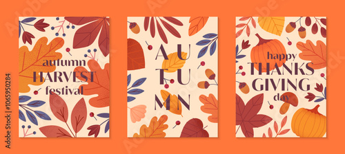 Autumn thanksgiving and harvest poster with leaves,berries,plants in fall colors.Vector autum seasonal illustrations.Trendy fall templates for prints,ad,smm,banners,invitations,covers