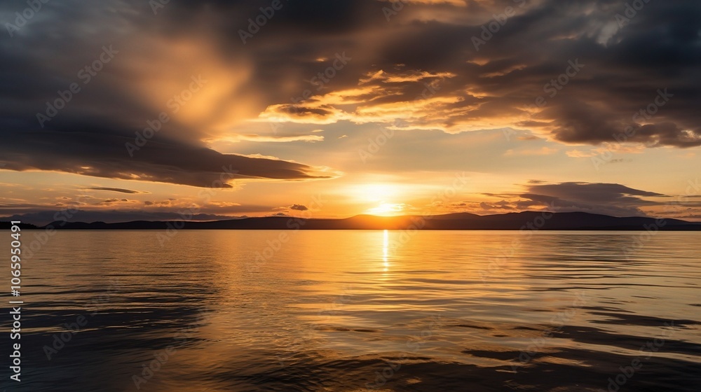 Fototapeta premium Serene Sunset Over Calm Water Landscape