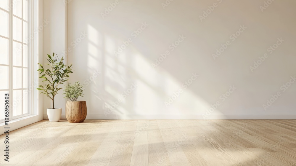 Fototapeta premium A bright, minimalistic room featuring plants and natural light.