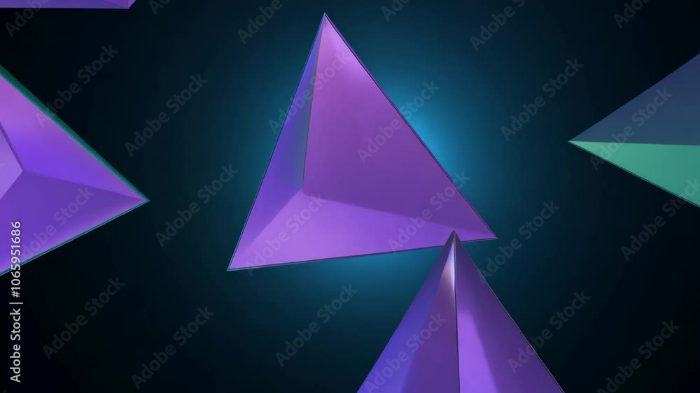 A series of purple and blue triangles are floating in the air. The triangles are arranged in a way that creates a sense of movement and energy. The blue and purple colors give the image a cool