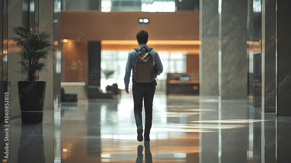 Obraz premium Back view of a professional walking through an airport lobby, carrying a backpack . illustration