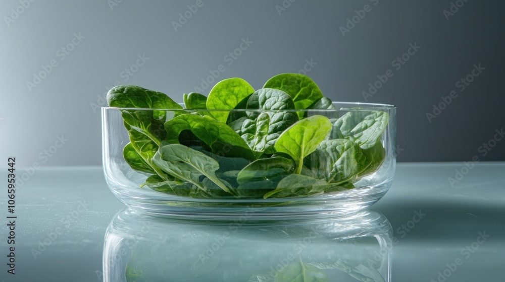Obraz premium A clear bowl filled with fresh spinach leaves, showcasing vibrant green colors.