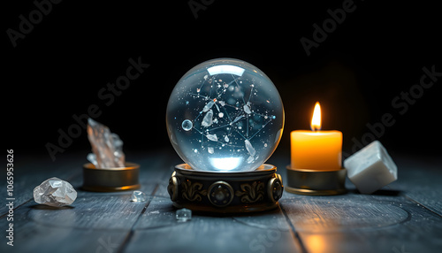 Reading of the future. A magic ball, shot from above with crystals and a candle on a dark background with copy space isolated with white highlights, png photo