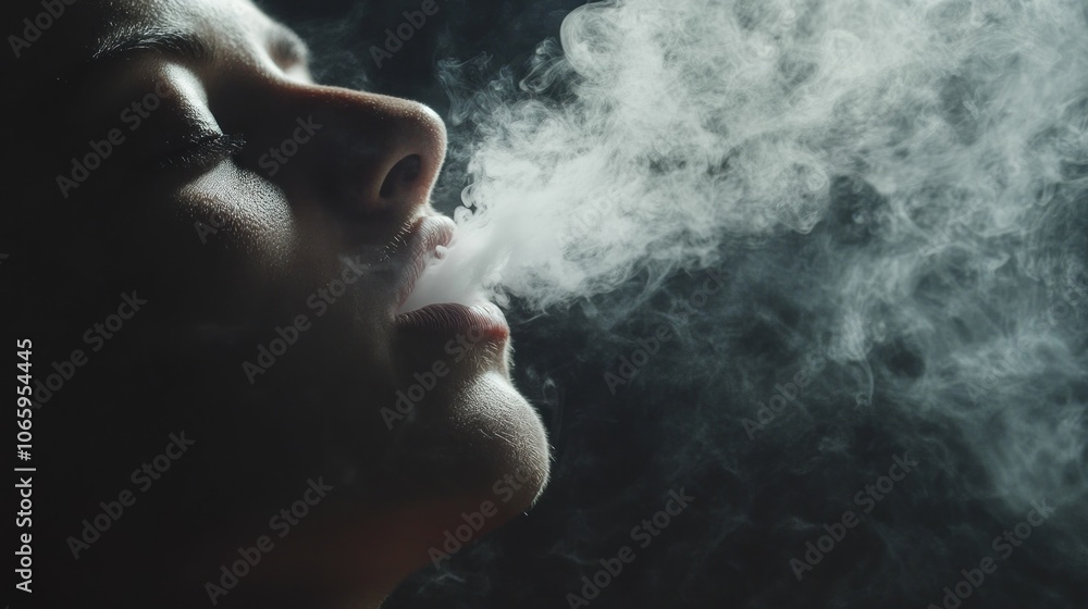 Obraz premium A close-up of a person exhaling smoke, capturing a moment of contemplation and relaxation.