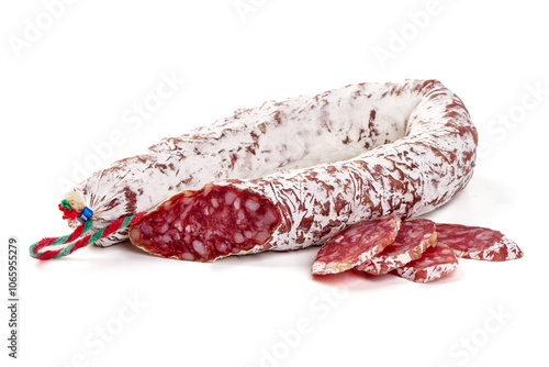 Dry cured salami sausage with slices, isolated on white background.