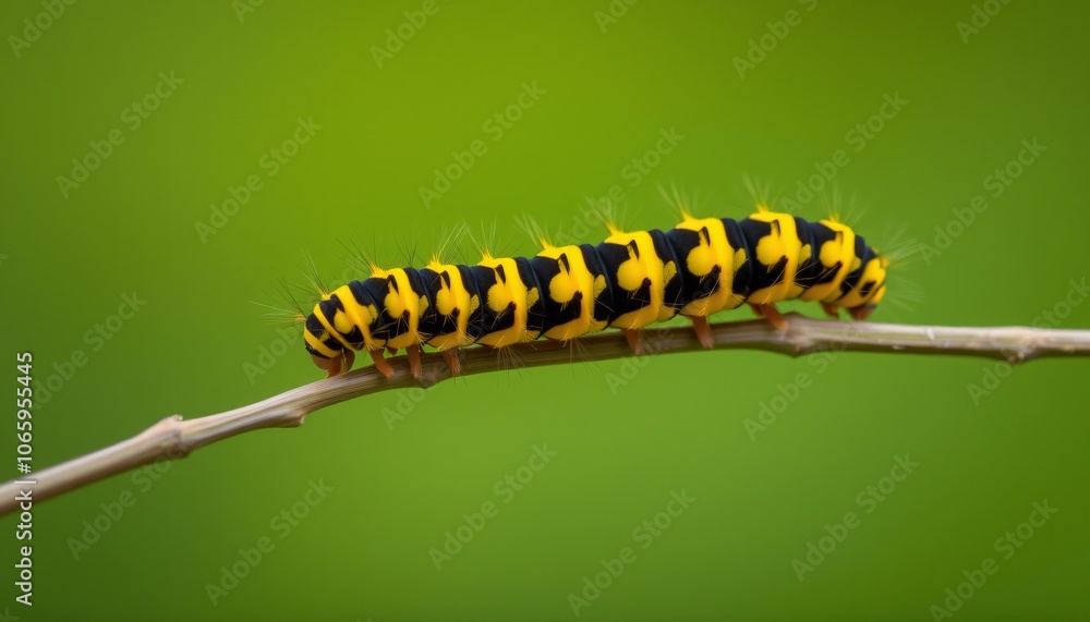 Fototapeta premium Striking Yellow and Black Caterpillar Crawls on a Twig