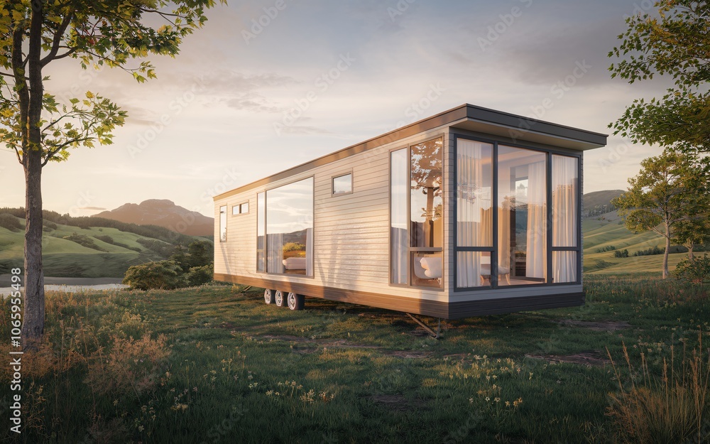 Modern Tiny House Retreat: A sleek and modern tiny house nestled amidst rolling green hills and a tranquil lake, bathed in the warm glow of a setting sun. Modern Tiny House Retreat: A sleek and modern tiny house nestled amidst rolling green hills and a tranquil lake, bathed in the warm glow of a setting sun.