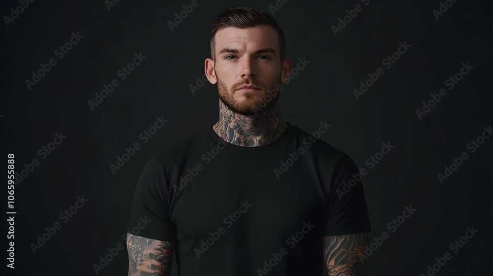 Obraz premium Model with Tattoos in a Black T-Shirt Mockup . illustration