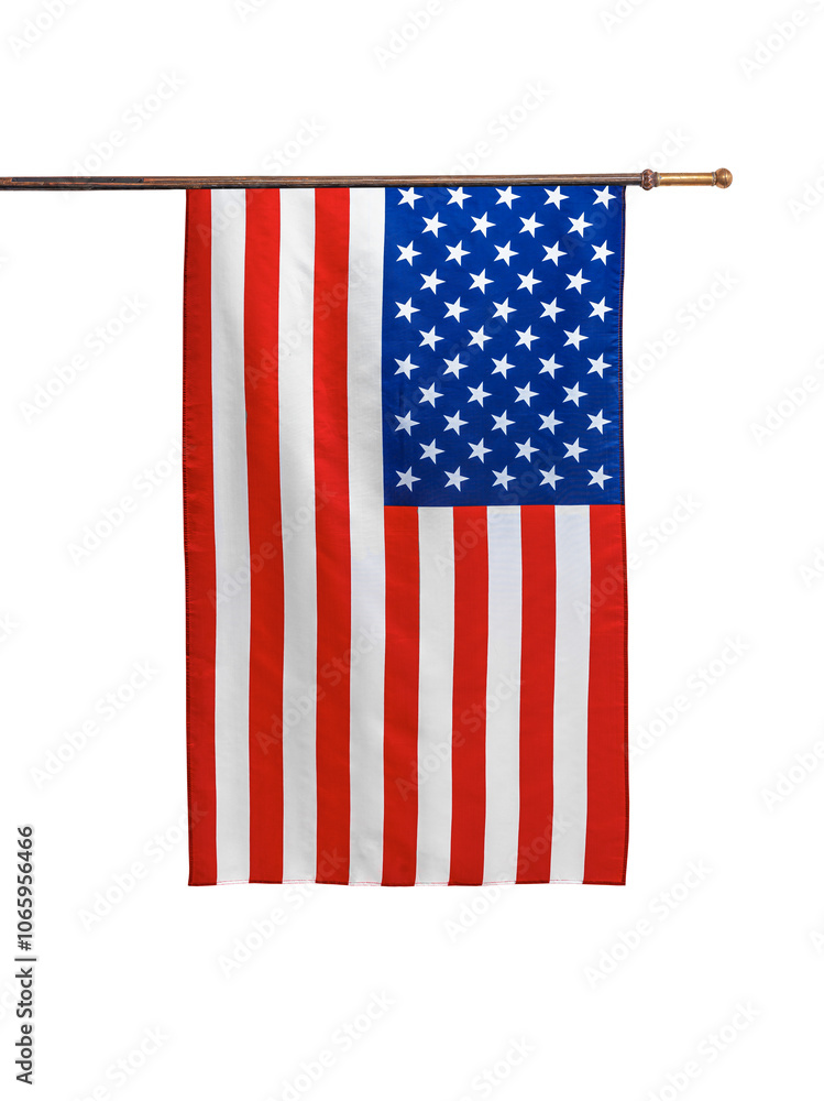Flag of the United States of America. The US flag flutters in the wind. Isolated on a white background.