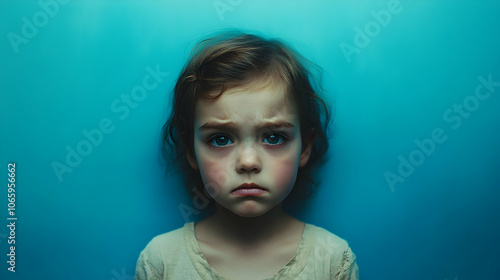 Portrait of a sad child against a flat blue background, creating a touching visual . illustration