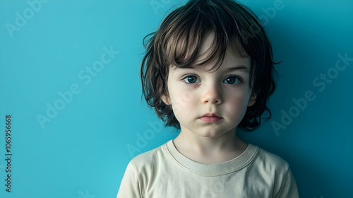 Portrait of a sad child against a flat blue background, creating a touching visual . illustration