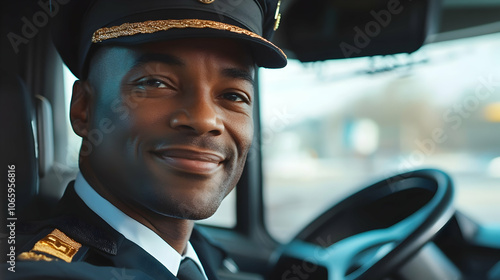 Professional bus driver in uniform, smiling and ready for work . illustration