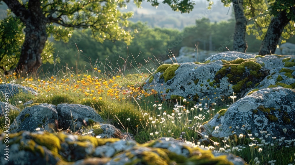 Naklejka premium Sunlit Meadow with Rocks