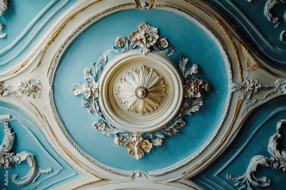 Obraz premium Elegant ceiling decor featuring blue sky ornaments and beautiful floral decorations for charm
