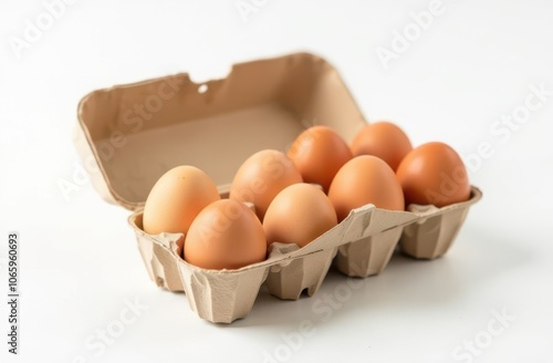 Fresh brown eggs in recycled carton for eco-friendly cooking and baking photo