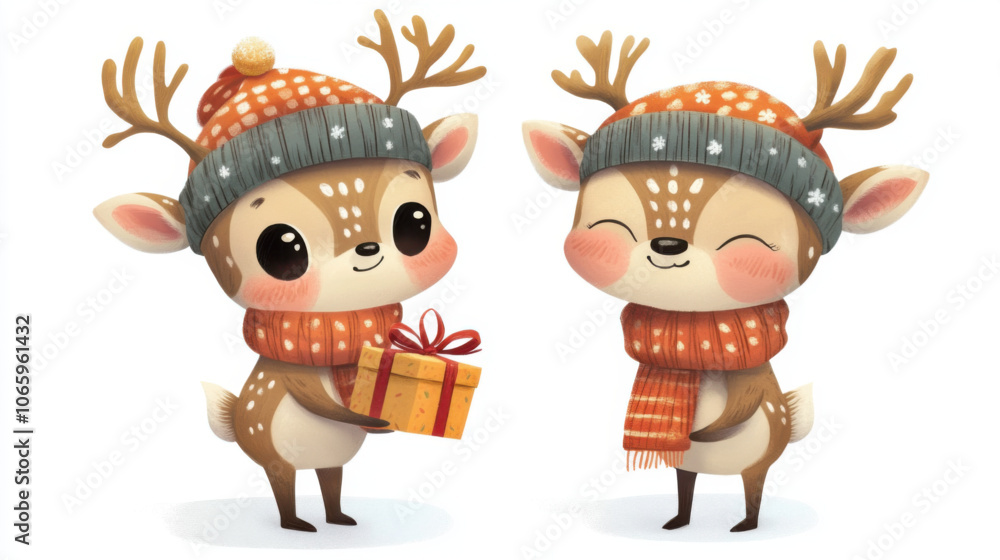 Naklejka premium Cute deers in a winter hat and scarf with gift. Holiday cartoon character set. Modern illustration. White background.