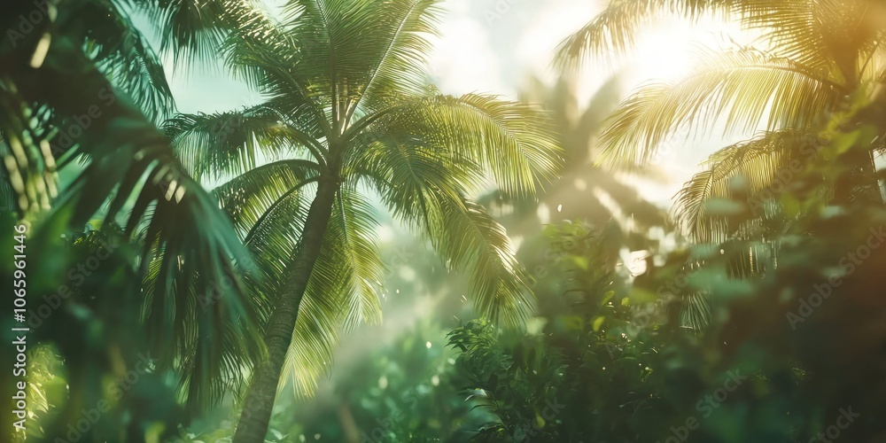 Palm Trees in a Tropical Forest with Sunbeams Filtering Through the Foliage Palm Trees in a Tropical Forest with Sunbeams Filtering Through the Foliage