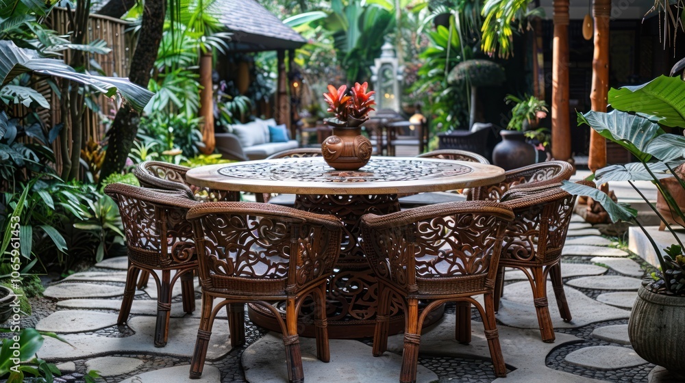 Obraz premium Outdoor Dining in a Tropical Garden